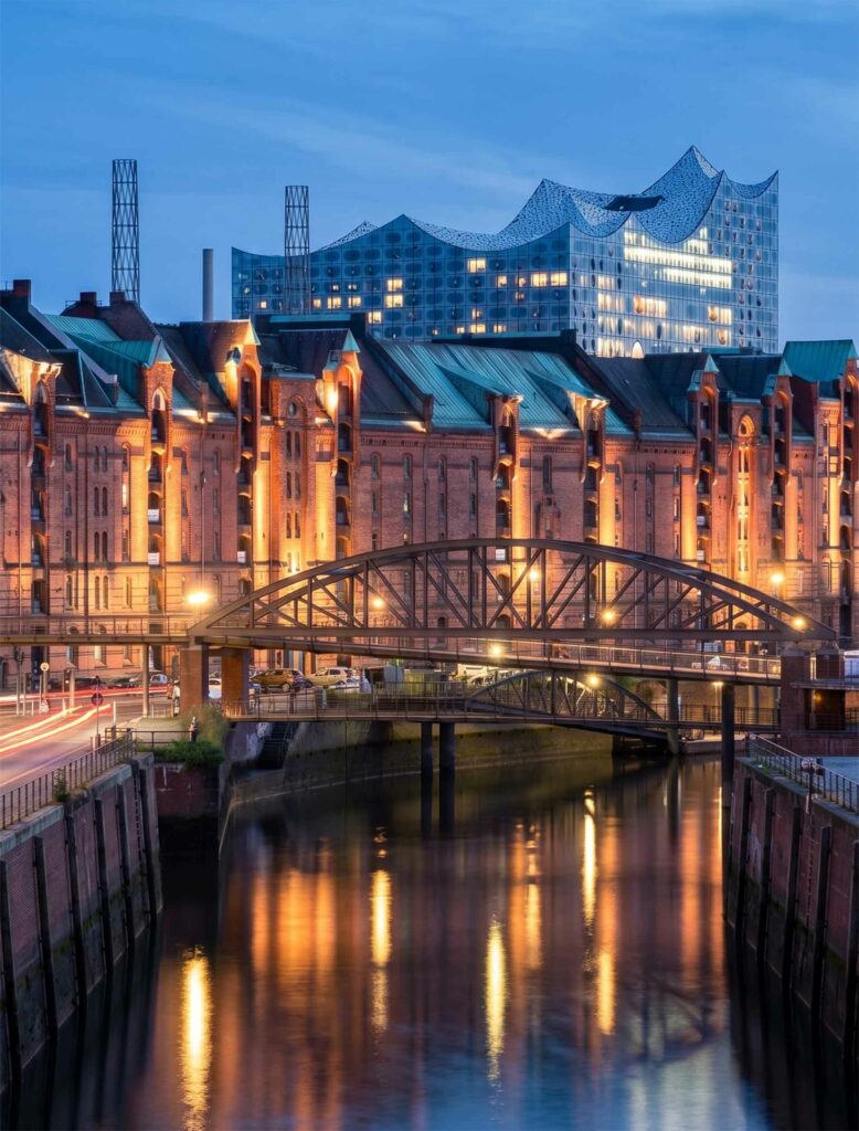 The illuminated warehouses of the UNESCO World Heritage Speicherstadt in Hamburg at night