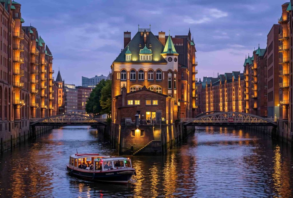 The illuminated Speicherstadt in Hamburg at night