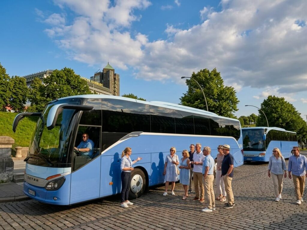 Guests with their guide in front of a blue coach before the Hamburg city bus tour